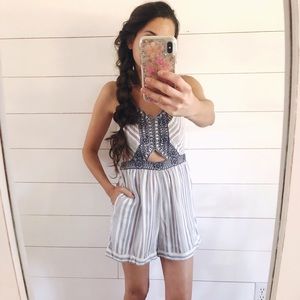 White and blue striped romper shorts with peekaboo